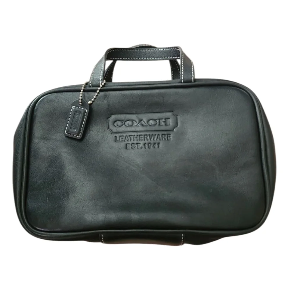 Coach travel toiletry bag black leather tan silver hardware Vintage